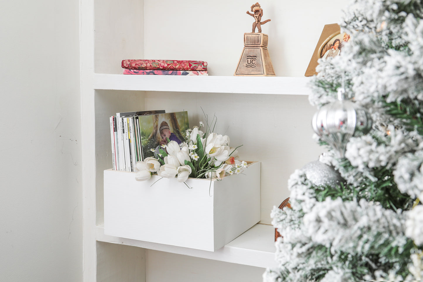 wooden box, open, primed white